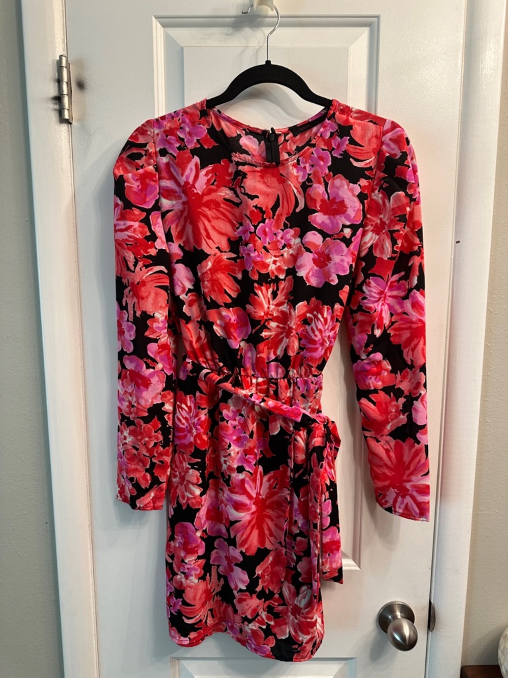 Fraiche by J Kanya Puff Long Sleeve Pink Red Tie Waist Minidress Women M